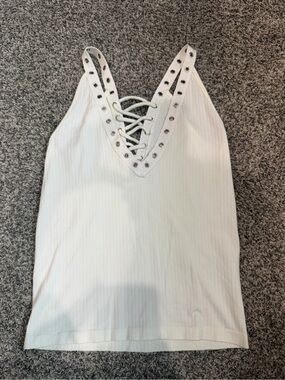 Ribbed Lace-Up V-Neck Tank Top - White